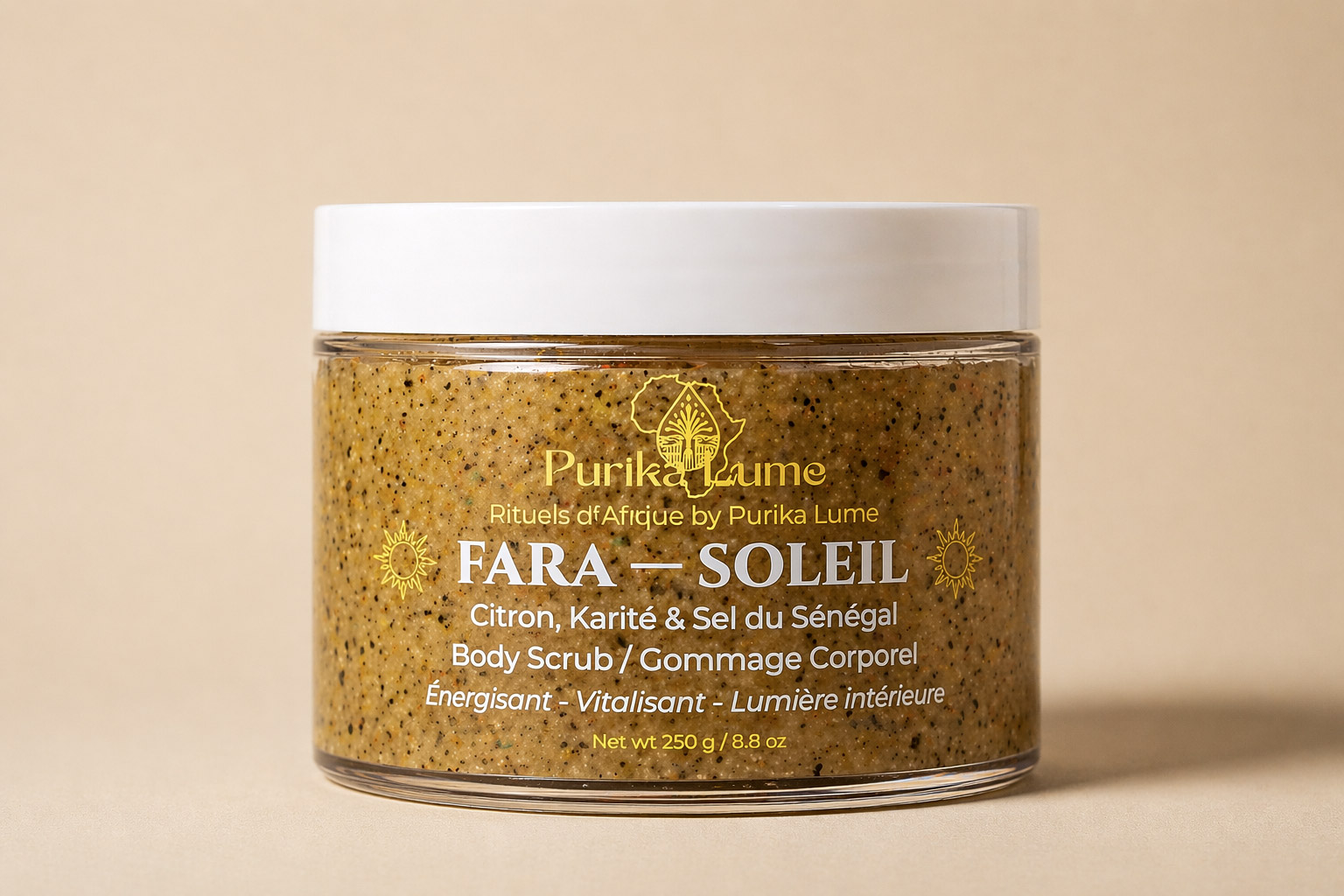 Gommage FARA — Soleil, rituel solaire au citron, karité et sel sacré du Sénégal, 250 g