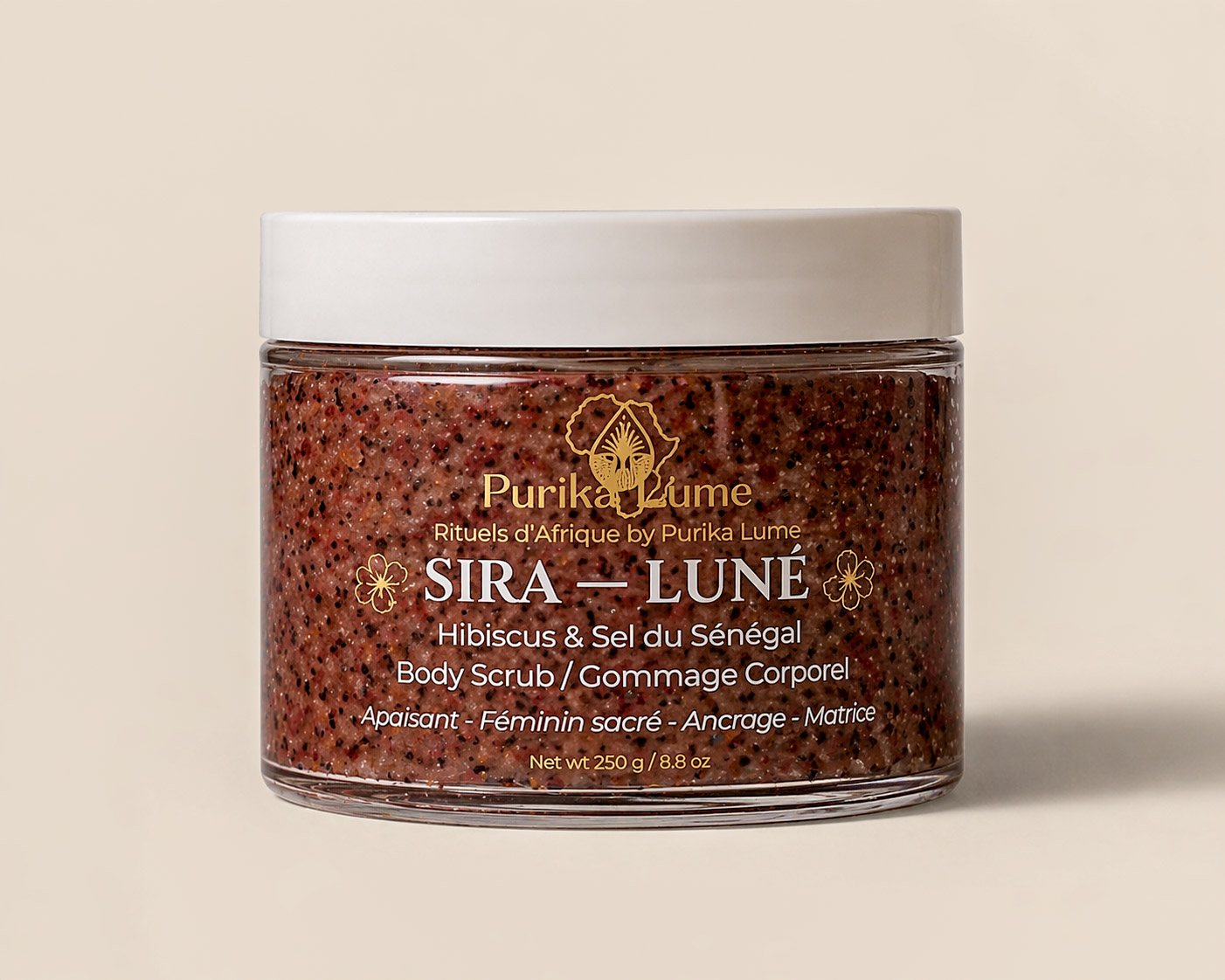 Gommage SIRA — Luné, rituel lunaire à l’hibiscus, karité et sel sacré du Sénégal, 250 g