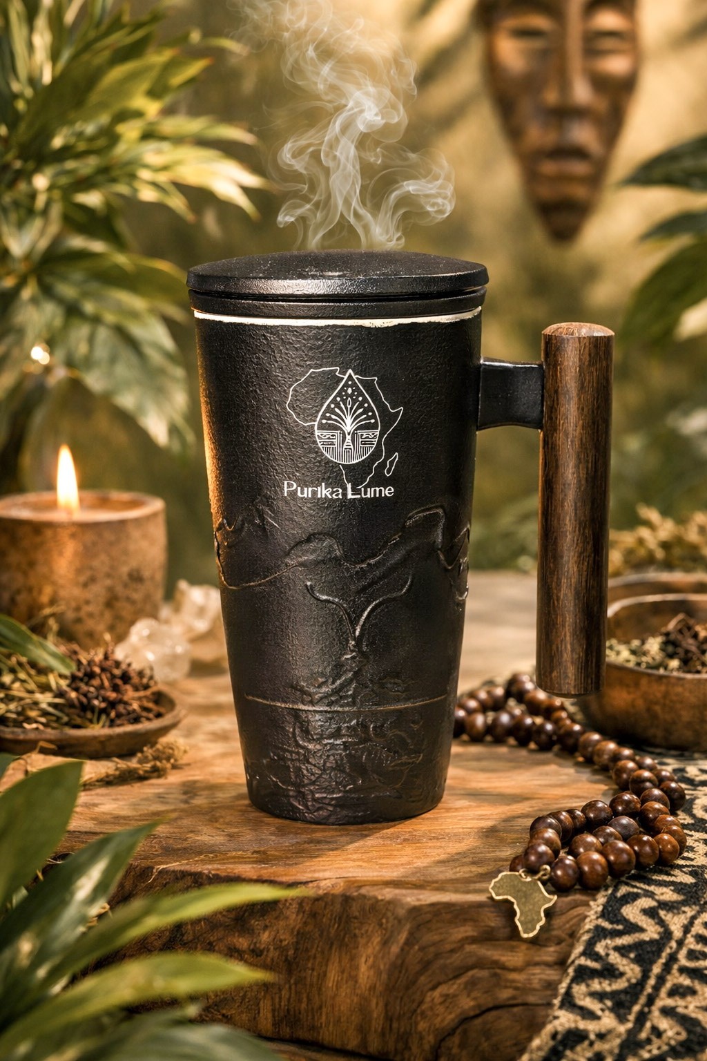 Tisanière sacrée en céramique noire — Mug Purika Lume gravé, filtre & couvercle 400 ml