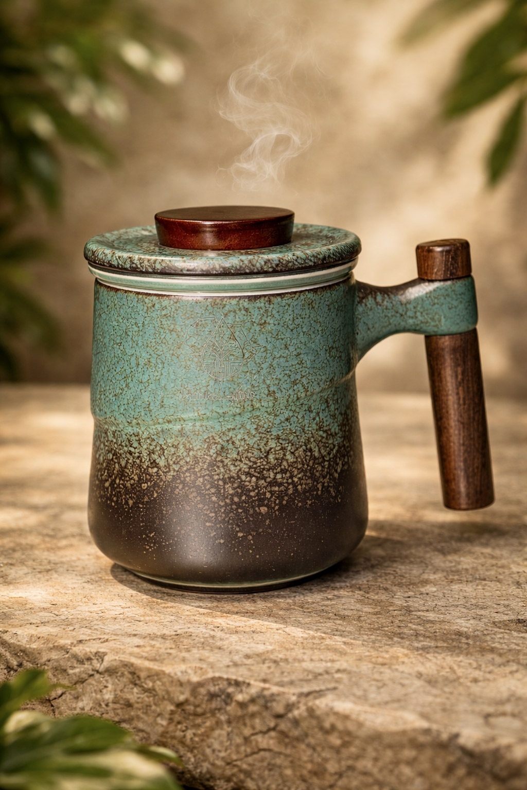 Tisanière sacrée en céramique verte céladon — Mug Purika Lume gravé, filtre & couvercle 400 ml